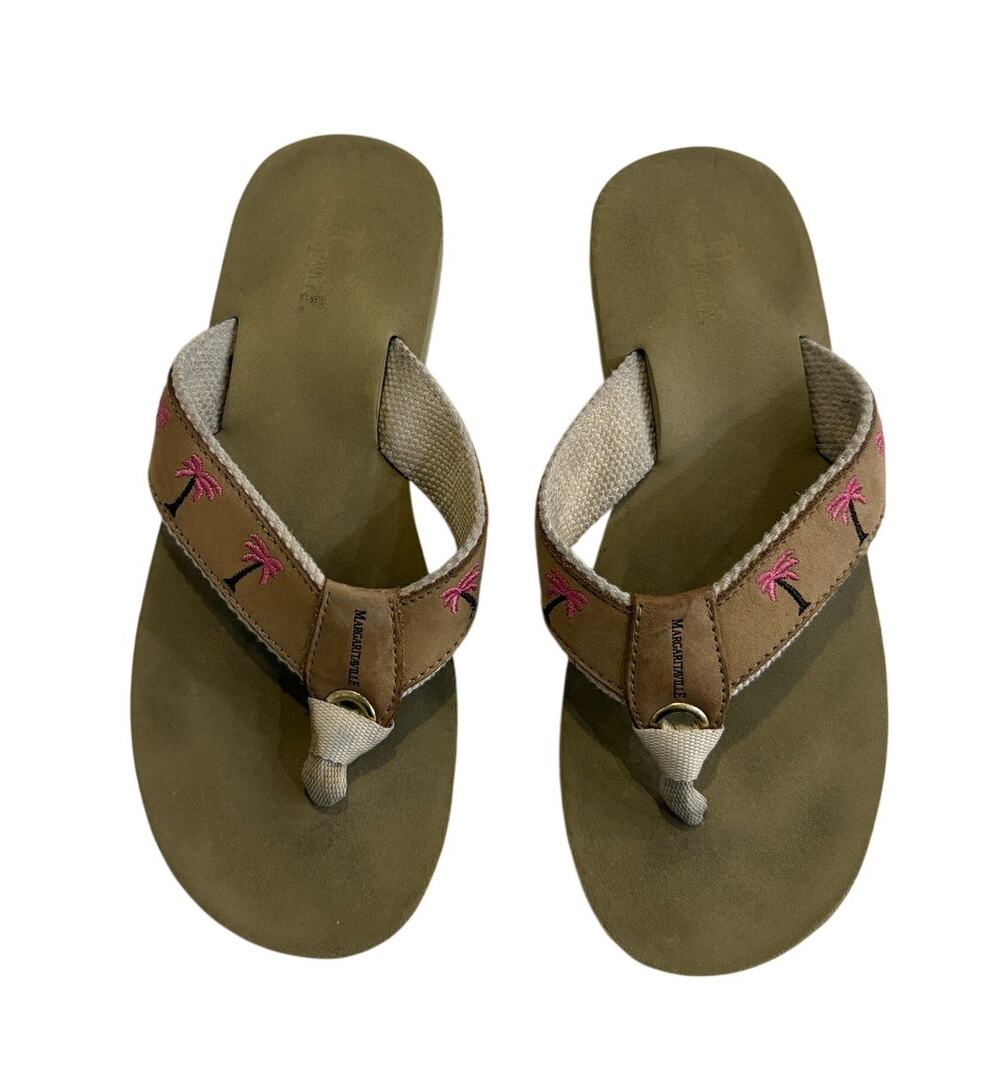 Margaritaville Breezy Wedge Sandals Womens 9 Pink Tan Palm Flip Flops Toe Post
